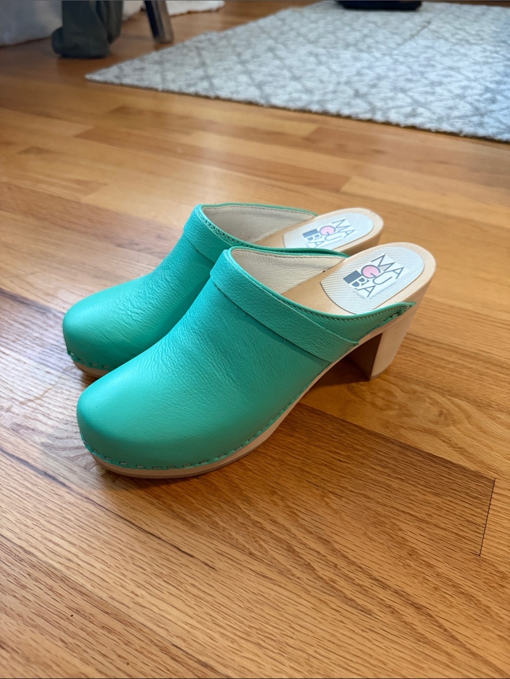 Mint green/aqua Maguba Leather Clog Heels, new size 40